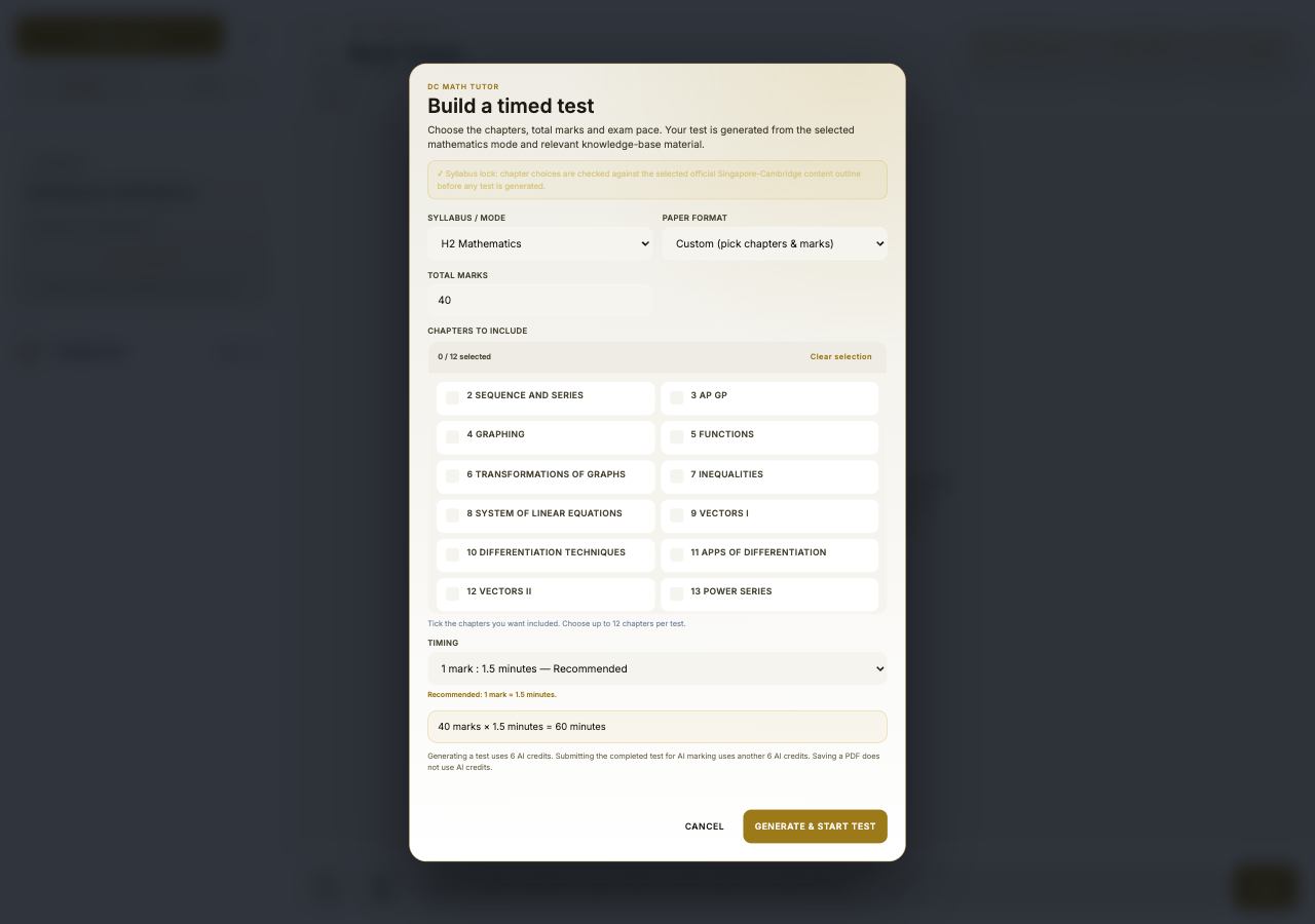 Integrand timed-test builder showing H2 Mathematics chapter, marks and timing controls